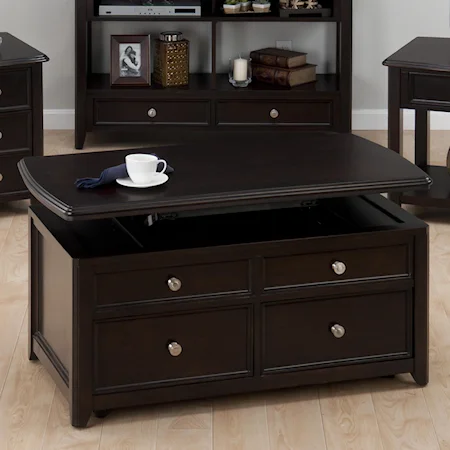 Casual Espresso Lift-Top Cocktail Table wtih 2 Pull-Through Drawers & Casters